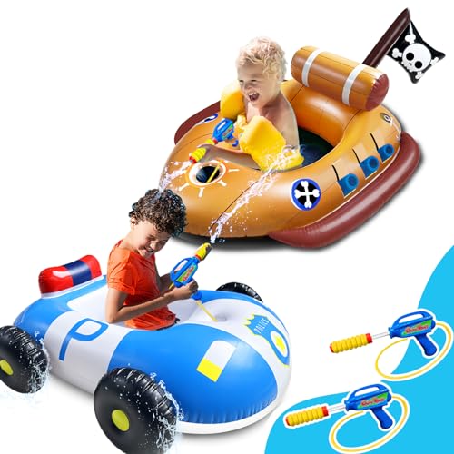 2 Pack Pool Floats Kids with Water Guns, Inflatable Pirate Ship & Police Car Pool Floaties Toys for 3-11 Years Kids Toddler Boys Girls Summer Outdoor Swimming Pool Party Games