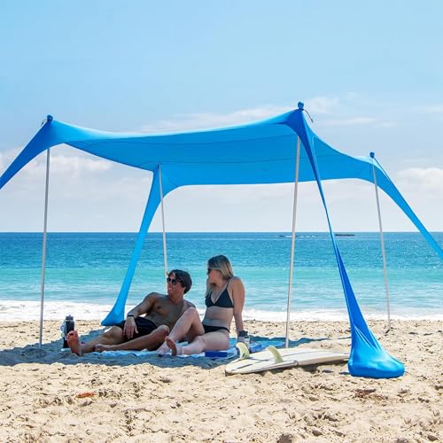 AMMSUN Beach Tent Portable Sun Shelter,9X 9ft Beach Canopy Easy Setup, 9'X9'Lycra Sun Shelter UPF50+ Protection 4 Sand Bags 4 Aluminum Poles with Sand Shovel for Family Beach Camping Outdoor Blue