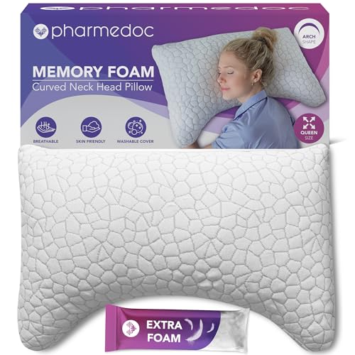 Pharmedoc Adjustable Shredded Memory Foam Curved Pillow - Side Sleeper Pillow -Ergonomic Curved - Neck Pillow for Pain Relief - Queen Bed Pillow 1 Pack