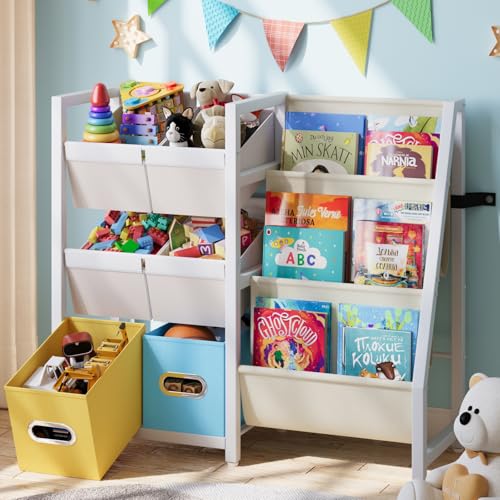 Kids Bookshelf Toy Storage Organizer - Book Shelf for Kids Rooms, 6 Toy Bins for Kids Organizer and 3 Sling Kids Bookcase, Toddler Baby Montessori Nursery Bookshelf Childrens Book Rack Display