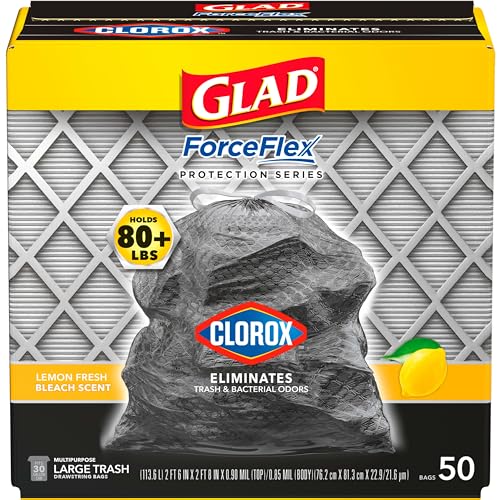 Glad Trash Bags, ForceFlex with Clorox Garbage Bags, Lemon Fresh Bleach Scent, 30 Gal, 50 Ct, Package May Vary