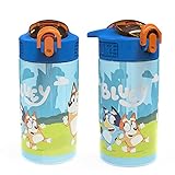 Zak Designs Bluey Kids Durable Plastic Spout Cover and Built-in Carrying Loop, Leak-Proof Water Design for Travel, (16oz, 2pc Set), Bluey Bottle 2pk