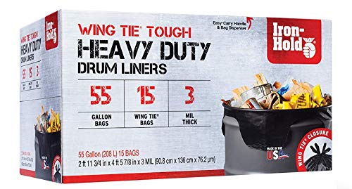 Iron-Hold Contractor Trash Bags - 55 Gallon, 15 Bags, Wing Tie Closure, 3 MIL Thick, Gusseted Bottom, Black - Heavy Duty Industrial Strength Garbage Bags