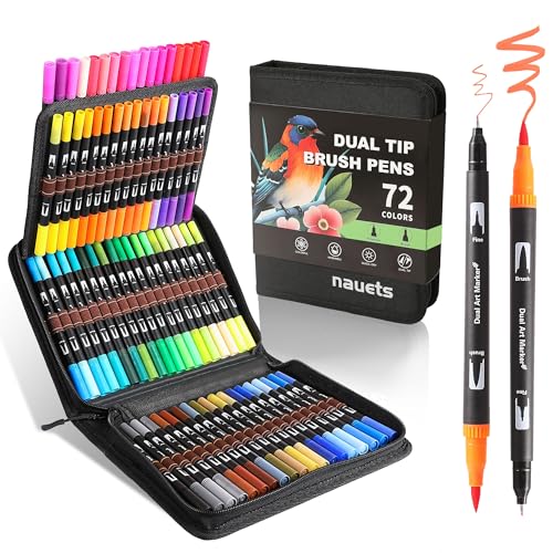 nauets Double Brush Marker Pens,72 Colors Markers Set,Double Tip Brush Pens Art Markers for Kids Adult Coloring Book Hand Lettering Journaling Note Calligraphy Drawing Art Supplies Kit