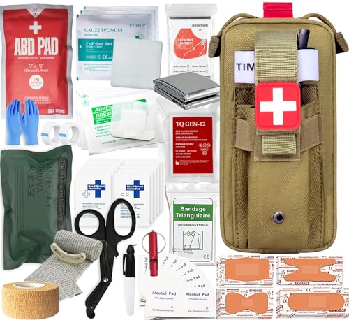 Med Kit Trauma Kit with Tourniquet, Emergency Survival First Aid Kits, EMT IFAK Medical Kit for Severe Bleeding Control, Military Camping and Hiking (Tan)