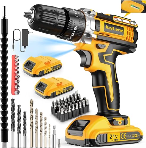 JayLene 21V Cordless Drill Set, Power Drill 59Pcs with 3/8 Inch Keyless Chuck, 25 3 Clutch Electric Drill with Work Light, Max torque 45Nm, 2-Variable Speed & 2 Batteries and Fast Charger