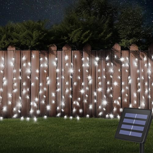 DBFAIRY Solar Curtain Lights,19.6ft x 3.3ft 300 LED Outdoor Solar Curtain Lights Waterproof Green Wire with 8 Mode for Garden Handrail Railing Eaves Wall Decoration -Cool White