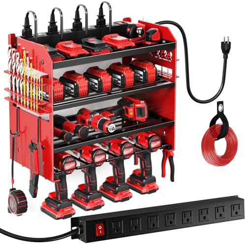 POKIPO Power Tool Organizer Wall Mount with Charging Station, Extended Large Heavy Duty 4 Drill Holder, Tool Storage in 8 Outlet Power Strip, Utility Rack with 6.56 ft Cord for Garage, Workbench