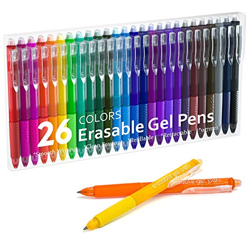 Lineon Erasable Gel Pens, 26 Colors Retractable Erasable Pens Clicker, Fine Point, Make Mistakes Disappear, Assorted Color Inks for Drawing Writing Planner and Crossword Puzzles