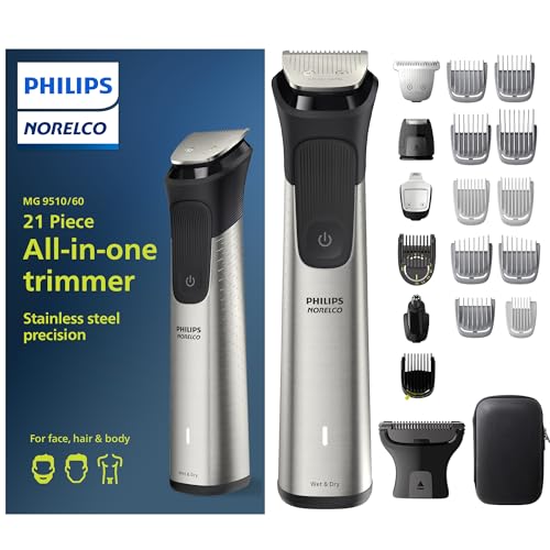 Philips Norelco Multigroom Series 9000 - 21 piece Men's Grooming Kit for beard, body, face, nose, ear hair trimmer w/ premium storage case, MG9510/60