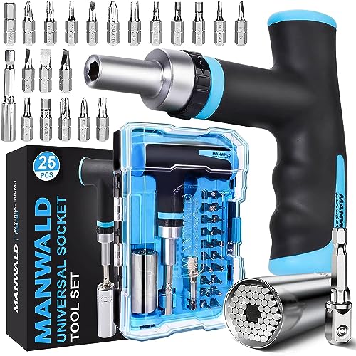 MANWALD Universal Socket Tool Set, Ratcheting T-Handle Screwdriver Set with Power Drill Adapter, Stocking Stuffers for Him, Women, Dad, Blue