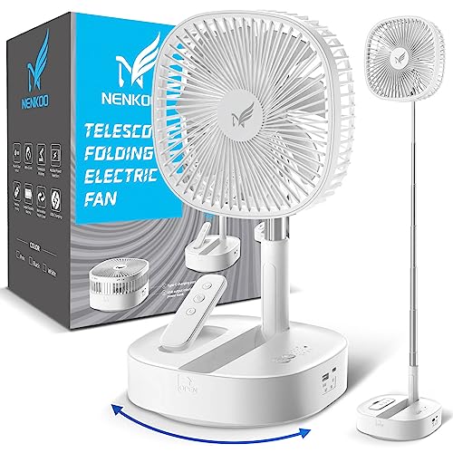 Nenkoo Battery Operated Fan, 8' Portable Oscillating Travel Fan 12500mAh with 4 Speed Timing Remote Control, White Desk Fan, Table Fan Adjustable Height 14.6'-40.2', Retractable Fan Travel Cruise