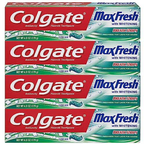 Colgate Max Fresh Whitening Toothpaste with Breath Strips, Clean Mint, 6 Ounce Tube, 4 Pack