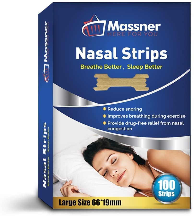 MASSNER Nasal Strips for Snoring, Large 100 Pack - Extra Strength Anti Snoring Solution for Men, Women - Clears Air Way to Breathe Better - Sleep Right, Snore Less - Stuffy Nose Relief for Congestion