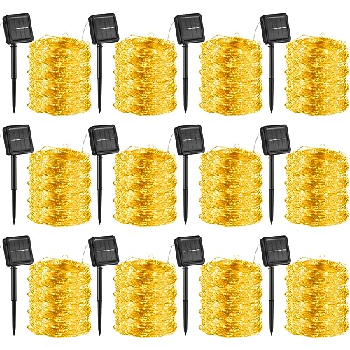 VIHOSE 12 Pcs Christmas Solar String Lights Outdoor 82ft 230 Led Waterproof Solar Powered Fairy Lights 8 Modes Copper Wire Lights Twinkle Lights for Mason Jars for DIY Party Decor(Warm Light)