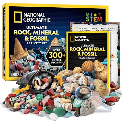 NATIONAL GEOGRAPHIC Rock Collection Box for Kids – 300 Piece Gemstones and Crystals Set Includes Geodes and Real Fossils, Rocks and Minerals Science Kit for Kids, A Geology Gift for Boys and Girls