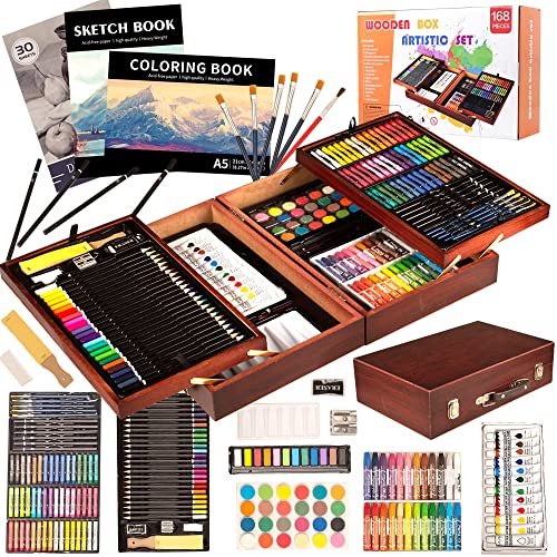 KINSPORY 168-Pack Art Supplies, Deluxe Wooden Art Set Crafts Drawing Painting Coloring Kit, Coloring Book, Sketch Pads Creative Gift Box for Artist Beginners Kids Girls Boys 5 6 7 8 9 10 11 12