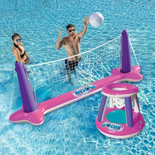 JOYIN Inflatable Pool Float Set Volleyball Net & Basketball Hoops, Floating Swimming Game Toy Floaties for Kids and Adults Volleyball Court (105”x28”x35”)|Basketball (27”x23”x27”),L-Pink Purple