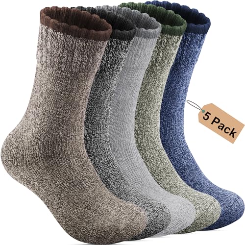 Annsuki 5 Pack Mens Merino Wool Socks for Winter Warm Thermal Socks Thick Hiking Socks for Camping Running Hunting Cozy Socks for Man Multi Colors (US Size 13-18)