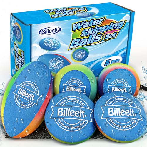 Billeeit Water Skipping Balls Set for Pool Play, Include 1 Rugby, 2 Balls and 2 Discs, Rainbow Color Splash Water Bouncing Balls, Fun Beach Toys & Games for Kids 3+ 4-8-12 and Adults