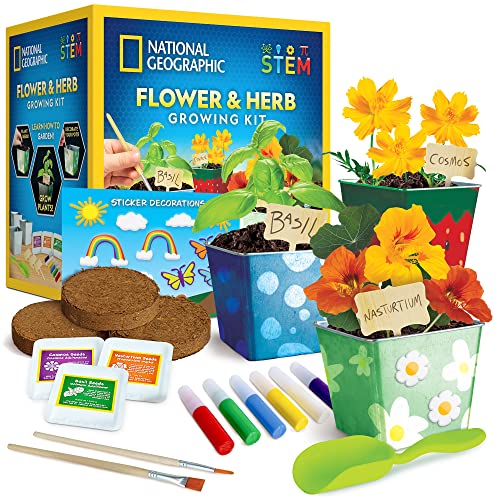 National Geographic Flower & Herb Gardening Kit for Kids - Kids Gardening Set with 3 Stainless Steel Pots, Paint & Stickers, Outdoor Toys, Craft Kits, Kids Plant Growing Kit (Amazon Exclusive)