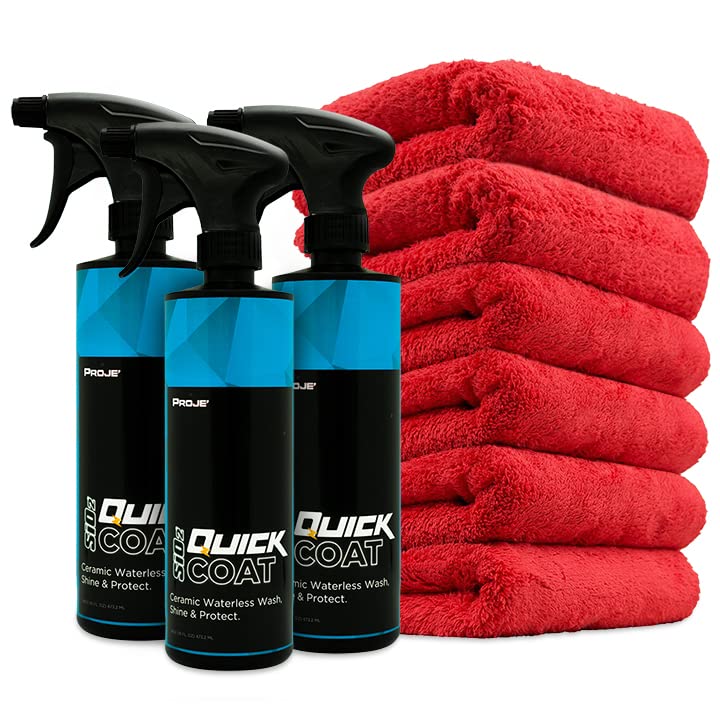 Proje SiO2 Quick Coat Kit - Ceramic Waterless Wash - Anti Static - Ultra Slick Lubricating Formula - Build & Rejuvenate Ceramic Coatings - 48 Fl Oz + Red Microfiber Towels For Cars Pack of 6