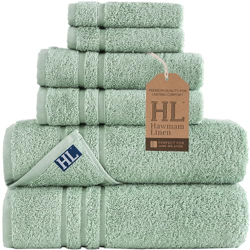 Hawmam Linen Green 6 Piece Bath Towels Set for Bathroom Original Turkish Cotton Soft, Absorbent and Premium 2 Bath Towels, 2 Hand Towels, 2 Washcloths