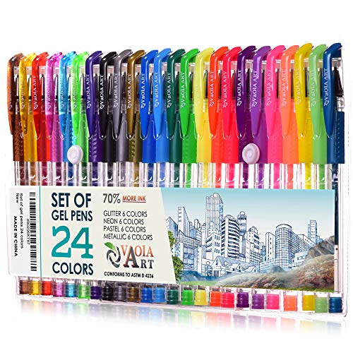 24 Color Gel Pens Set - Colored Gel Pens for Kids - Spirograph Pen Assorted Color - Multi Colored Pens for Note Taking - Glitter Gel Pens for Coloring - Fine Colorful Pens for School - Color Pens Set