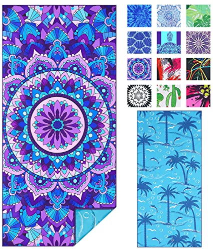 Microfiber Sand Free Beach Towel Thin Quick Dry Super Absorbent Large Lightweight Towels for Travel Sports Pool Swimming Bath Yoga Girls Women Adults Boho Palm Tree Blue Mandala