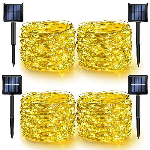 Dazzle Bright 4 Pack Solar String Lights Outdoor, Total 160FT 480LED Solar Powered Waterproof Fairy Lights 8 Modes, Silver Wire Lights for Christmas Patio Party Tree Yard Decoration (Warm White)