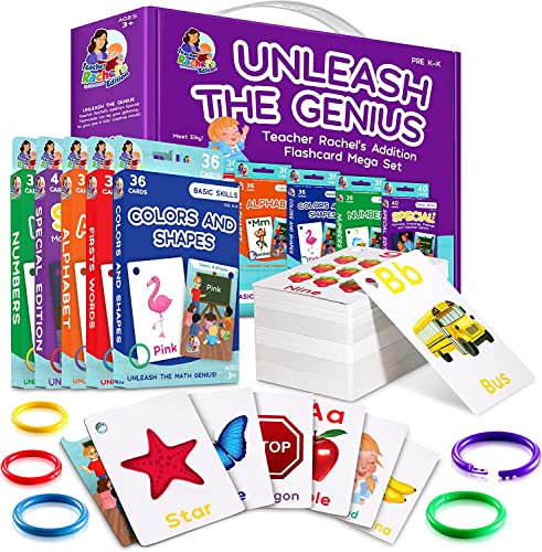 Teacher Rachel's Educational Flash Cards for Toddlers - Set Of 5 184 Cards Pre K-K Mega Flashcards Set with First Words, Alphabet, Colors, Shapes, Numbers, Manners, Greetings, Feelings, and Weather