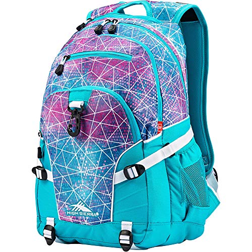 High Sierra Loop Backpack, Travel, or Work Bookbag with tablet sleeve, One Size, Sequin Facets/Bluebird/White