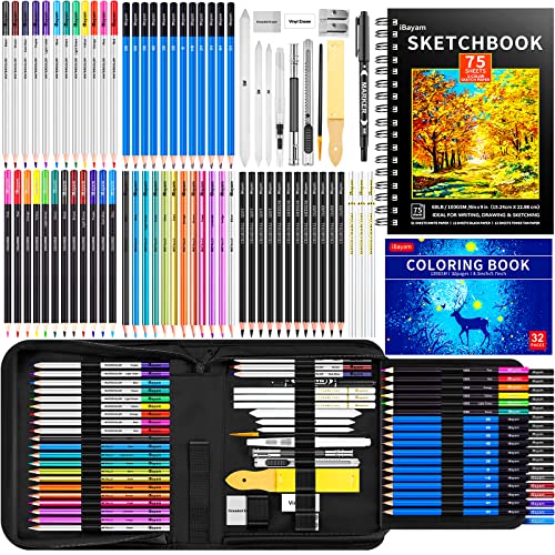 iBayam 78-Pack Drawing Set Sketching Kit, Pro Art Supplies with 75 Sheets 3-Color Sketch Book, 32 Coloring Book, Charcoal, Metallic, Watercolor, Graphite Pencils for Adults Kids Teens Girls Boys Gifts