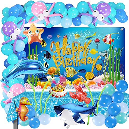 Under The Sea Birthday Decorations - 110PCS Ocean Theme Party Supplies, Balloon Arch/Garland Kit, Backdrop, Tablecloth, Banner, Shark, Dolphin, Octopus, Starfish, Lobster, Seahorse