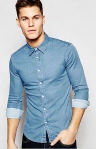 ASOS Super Skinny Denim Shirt with Long Sleeves In Mid Wash