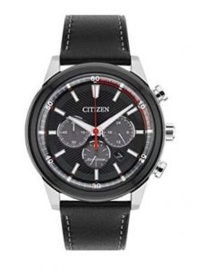 Citizen Watch Mens Solar Powered with Black Dial Analogue Display and Black Leather Strap CA4348 01E