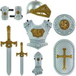 Medieval Knight in Shining Armor Pretend Role Play Plastic Toy Costume Set with Weapons and Accessories Silver
