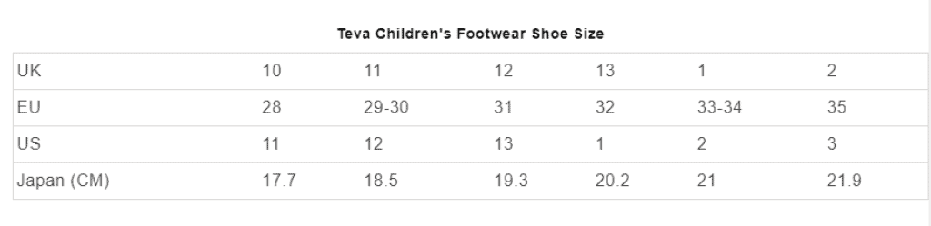 טבלת מידות סנדלי TEVA לילדים פעוטות ZUZU DEALS