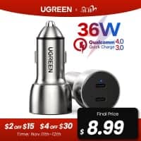 מטען לרכב Ugreen 36W Quick Charge 4.0 + USB-C PD (מבחר גרסאות) רק ב$7.82