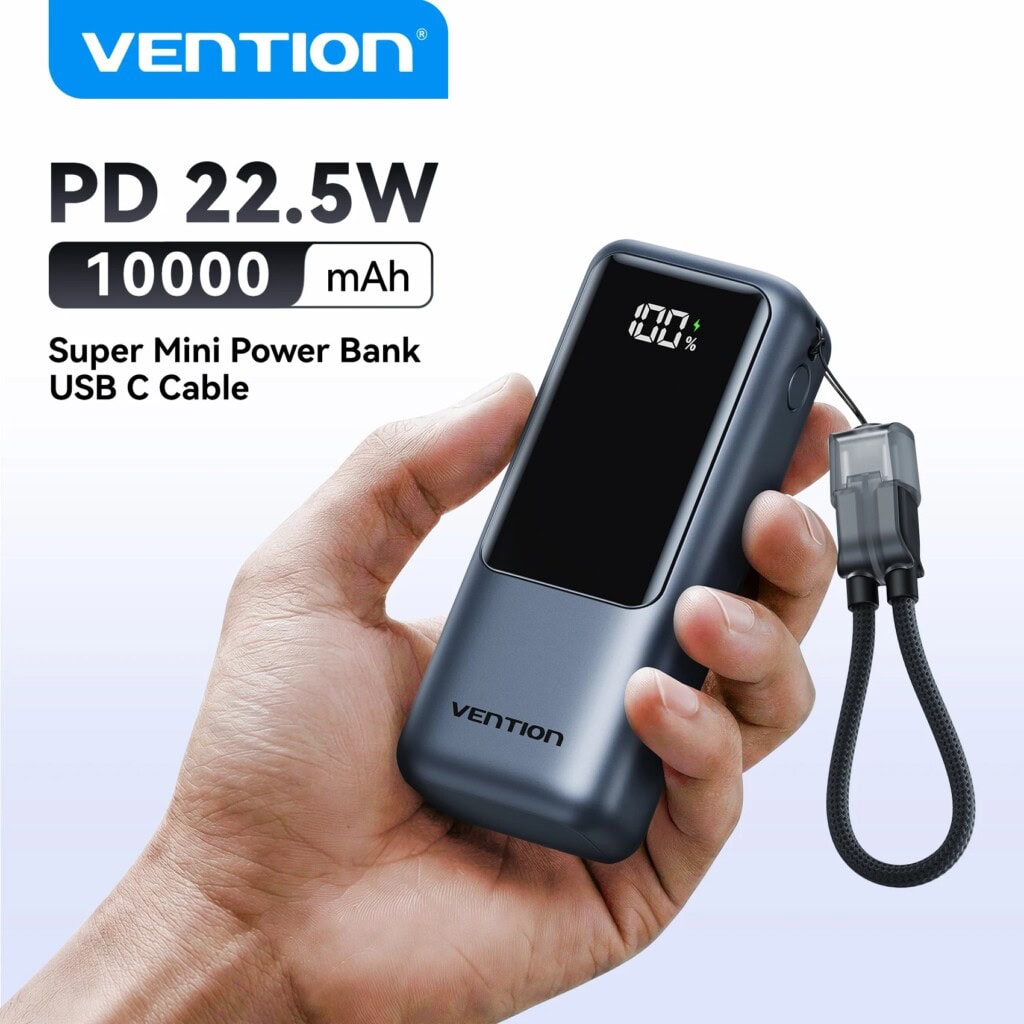סוללת גיבוי זעירה! Vention 10000mAh 22.5W משולבת כבל רק ב₪38!