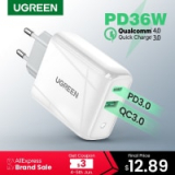 מטען מהיר Ugreen 36W Quick Charge 4.0/3.0 Type C PD + כבל USB-C רק ב$13.53