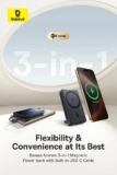 סוללת גיבוי Baseus Nomos 3-in-1 עם טעינה אלחוטית מגנטית מהירה MagSafe Qi2 + כבל מובנה 45W וחצובה רק ב₪87!